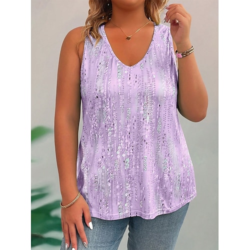  dámská tílka plus size s grafickým vzorem, abstraktní, bez rukávů, výstřih do V, ležérní, denní, pletené, léto, žlutá, růžová