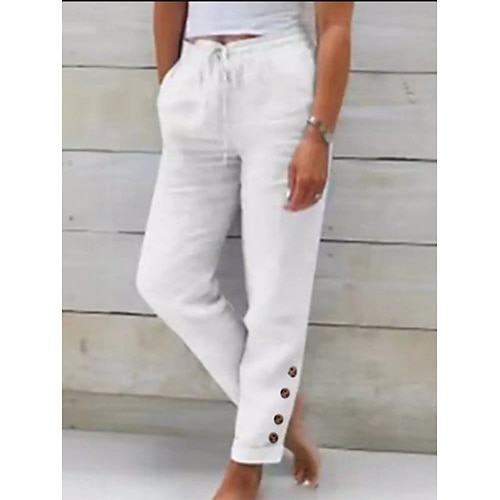  Femmes Pantalon en coton et lin Chinos Vacances ancien Mode Longueur complète Taille haute Uni Avec Poches Ceinture Élastique Confortable Doux Micro-Élastique Extérieur Rue Noir Blanche Vert clair