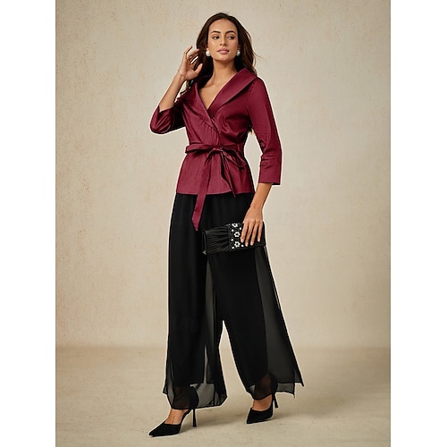  Dame Bluse Kveldstopper Elegant metallic Stilfull 3/4 ermer V-hals Vanlige topper Bryllupsgjest Aftenselskap Semi-formelt knyte foran Vin Vår, Høst, Vinter, Sommer