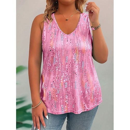  dámská tílka plus size s grafickým vzorem, abstraktní, bez rukávů, výstřih do V, ležérní, denní, pletené, léto, žlutá, růžová