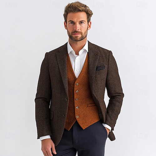 Men's Tweed Blazer Wool Herringbone Blazer Brown Green Grey  Retro Office Standard Fit Single Breasted Two-buttons