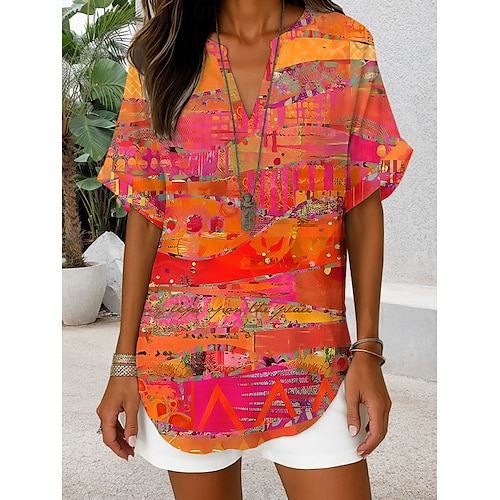  Damen Boho-Hemd Grafik Geometrisch Elegant Bohemien Tropisch Ärmellos Kurzarm V Ausschnitt Normale Oberteile Täglich Ferien Strandbekleidung Gelb Rote Blau Orange Braun Sommer Frühling