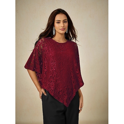  Women's Blouse Dressy Tops Plain Elegant Half Sleeve Crew Neck Regular Tops Wedding Guest Daily Lace Patchwork Layered Wine Summer Spring
