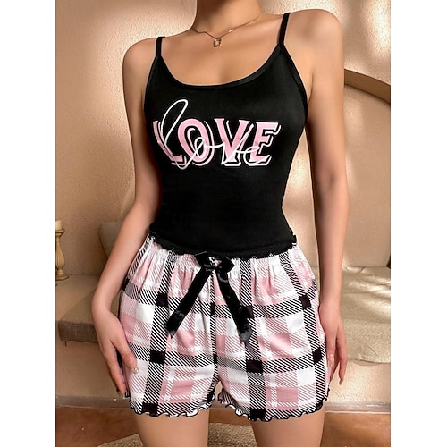  Dames Pyjamaset Casual Comfortabel Hart Raster / Plaid Brief Elastische taille Strap Top Korte broek Huis Dagelijks Mouwloos hihnat Zwart Wit Goud Bruin Zomer Normale pasvorm