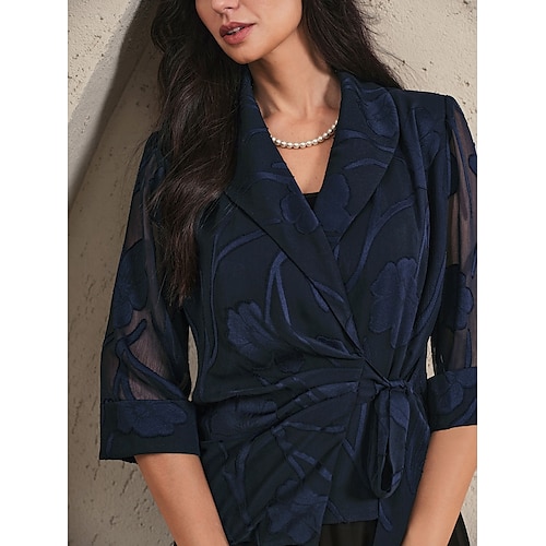  Dames Overhemd Blouse Bloemig Elegant Stijlvol 3/4 mouw V-hals Normale tops Werk Dagelijks strik voorkant Geklede tuniek Asymmetrisch Marineblauw Zomer Lente Herfst