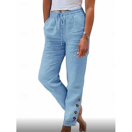  Femmes Pantalon en coton et lin Chinos Vacances ancien Mode Longueur complète Taille haute Uni Avec Poches Ceinture Élastique Confortable Doux Micro-Élastique Extérieur Rue Noir Blanche Vert clair