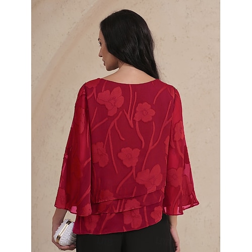  Dames Kanten overhemd Blouse Geklede topjes Chiffon-topjes Effen Kleur Bloemig Elegant Stijlvol Casual Halve mouw Flutter mouw Boothals Normale tops Bruiloft gast Werk Dagelijks Asymetrische zoom Wijn
