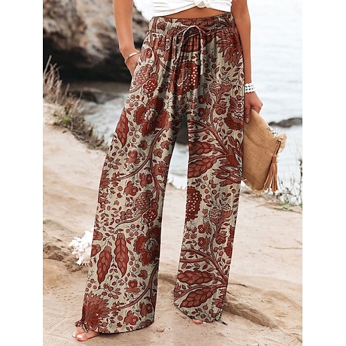  Femmes Culottes Jambe Large Jambe large Chinos Vacances ancien Mode Longueur complète Taille haute Fleuri Graphique Feuille Ceinture Élastique Impression Respirant Doux Micro-Élastique Vacances Rue