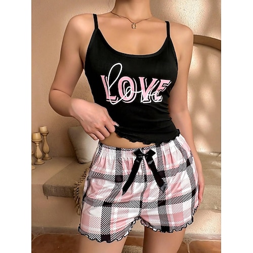  Dames Pyjamaset Casual Comfortabel Hart Raster / Plaid Brief Elastische taille Strap Top Korte broek Huis Dagelijks Mouwloos hihnat Zwart Wit Goud Bruin Zomer Normale pasvorm