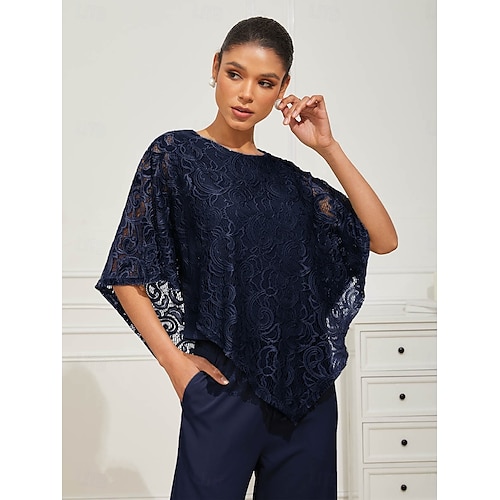  Women's Blouse Dressy Tops Plain Elegant Half Sleeve Crew Neck Regular Tops Wedding Guest Daily Lace Patchwork Layered Navy Blue Summer Spring