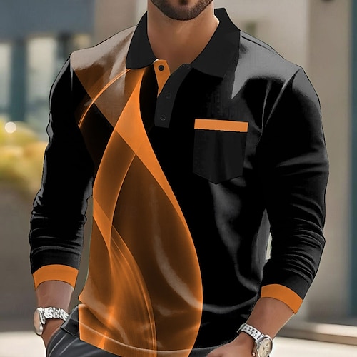  Men's Geometric Line Polo Long Sleeve Polo Shirts Collared Shirts Business Casual Business Athleisure Daily Wear Buttons Pocket 3D Print Spring Fall Winter White Blue Orange