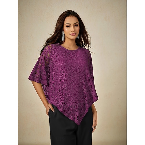  Women's Blouse Dressy Tops Plain Elegant Half Sleeve Crew Neck Regular Tops Wedding Guest Daily Lace Patchwork Layered Purple Summer Spring