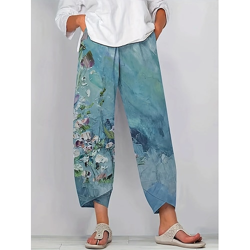  Dames Chinese Wijde broek Vakantie Vintage Etnische stijl Enkellengte Hoge taille Bloemig Grafisch Verloop Lapwerk Trekkoord Opdrukken Ademend Micro-elastisch Vakantie Straat Causaal Meerblauw