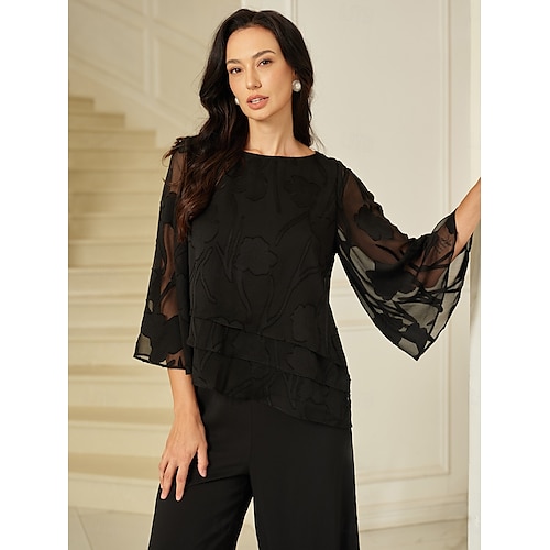  Dames Kanten overhemd Blouse Geklede topjes Chiffon-topjes Effen Kleur Bloemig Grafisch Elegant Stijlvol Basic Halve mouw Flutter mouw Boothals Normale tops Bruiloft gast Werk Dagelijks Asymetrische
