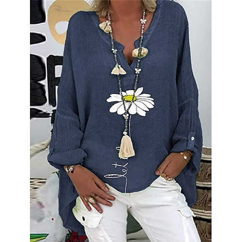  Damen Baumwoll-Leinen-Hemden Gänseblümchen Basic Lässig Langarm Hemdkragen Normale Oberteile Täglich Druck Rosa Marineblau Purpur Grün Sommer Herbst