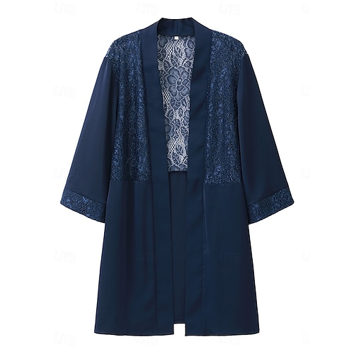  Dámská přehozová bunda s krajkou, elegantní, módní, formální, formální, svatební, večírek, večírek, otevřený střih, dlouhá, bez límce, volný střih, 3/4 rukávy, svrchní oblečení, tmavě modrá, léto,
