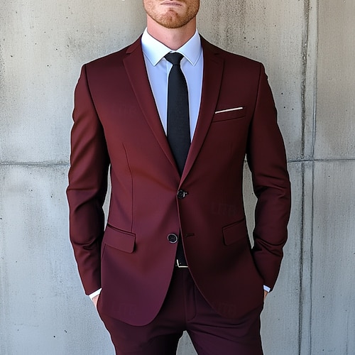 Men's Wedding Business Suits Burgundy Business Formal Solid Colored Standard Fit 2 Piece Single Breasted Two-buttons