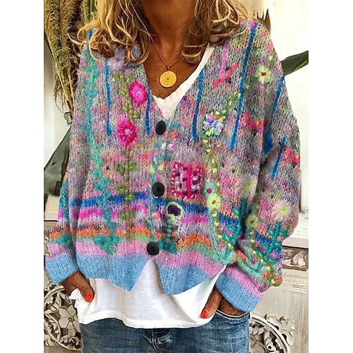  Pentru femei Pulover Bluza Modă Șic Stradă Casual Floral În V Nasturi Tricotat Manșon Lung Topuri obișnuite Tricotat În aer liber Zilnic Sfârșit de săptămână Roșu-aprins Albastru piscină Toamnă Iarnă
