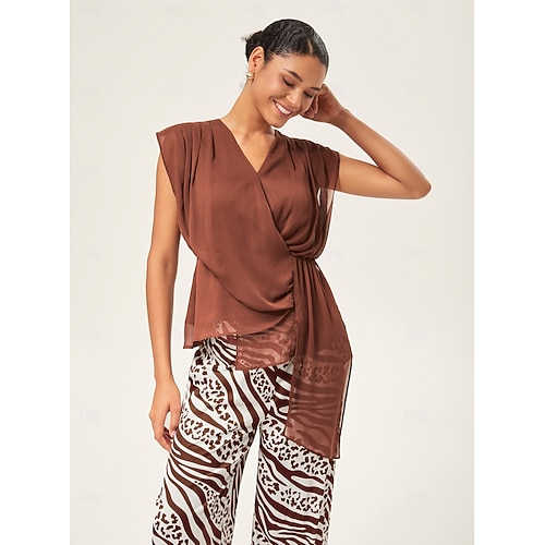 Damen Top V-Ausschnitt asymmetrisch ärmellos Chiffon weiches Futter Kellerfalte fließender Saum lässig elegant Frühling Sommer Herbst