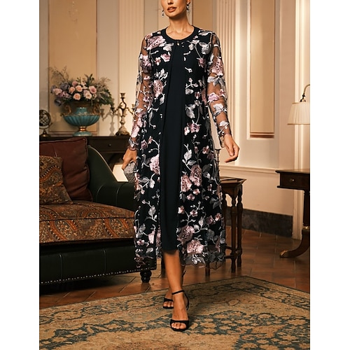  Women's Coat Breathable Lace Embroidered Elegant Floral Formal Wedding Party Long Crewneck Loose Fit Long Sleeve Outerwear Gray Pink Black Burgundy Summer Spring