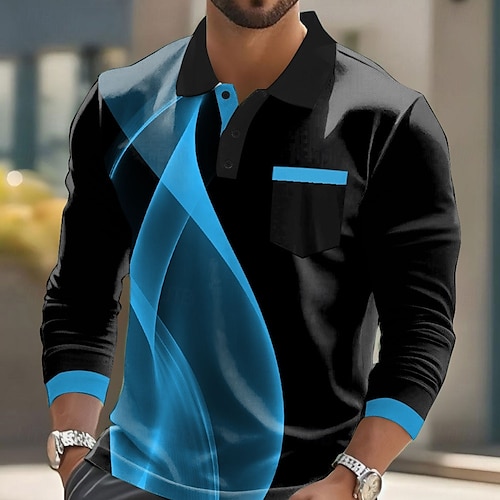  Men's Geometric Line Polo Long Sleeve Polo Shirts Collared Shirts Business Casual Business Athleisure Daily Wear Buttons Pocket 3D Print Spring Fall Winter White Blue Orange