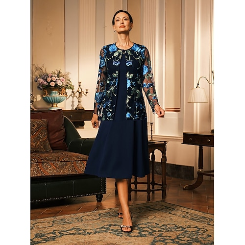  Damen Blazer Atmungsaktiv Spitze Bestickt Elegant Blumen Formell Regulär Rundhalsausschnitt Lässiger Schnitt Langarm Oberbekleidung Marineblau Sommer Frühling