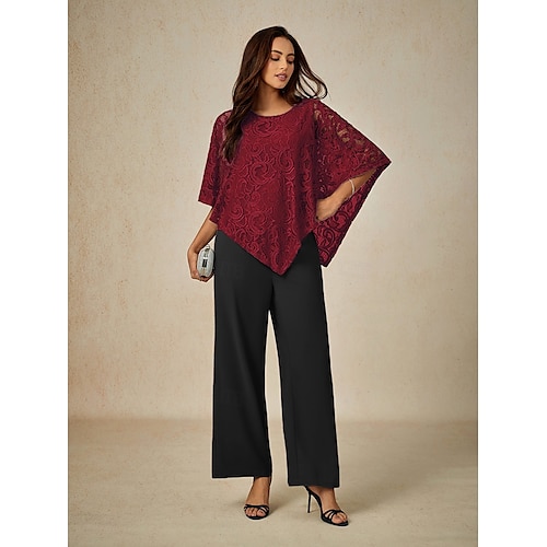  Women's Blouse Dressy Tops Plain Elegant Half Sleeve Crew Neck Regular Tops Wedding Guest Daily Lace Patchwork Layered Wine Summer Spring