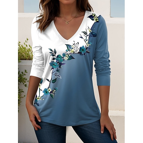  Femmes T-shirt Fleuri Graphique Plantes ancien Élégant Classique manche longue Col en V Hauts Réguliers Quotidien Sortir Week-end Imprimé Vert Claire Bleu Bleu Ciel Violet Vert Printemps Automne