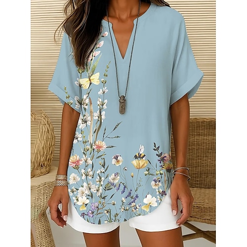  Femmes Chemise Bohème Fleuri Graphique Élégant Bohème Tropical Manche Courte Col en V Hauts Réguliers Quotidien Fête Tenue de plage Bleu Violet Vert Été Printemps