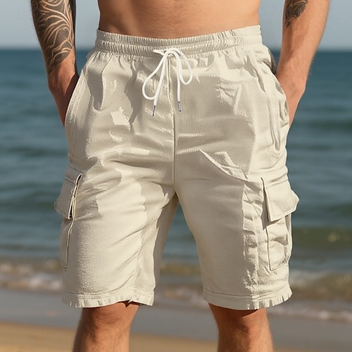 Men's Cargo Shorts Linen Shorts Summer Shorts Beach Shorts Drawstring Elastic Waist Multi Pocket Plain Comfort Breathable Knee Length Outdoor Daily Beach Vacation Fashion Black White