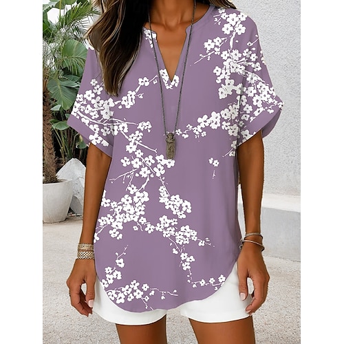  Mujer camisa boho Floral Graphic Elegante Diario Casual Manga Corta Escote en Pico Tops regulares Diario Festivos Verde salvia Morado Verde Trébol Verano Primavera