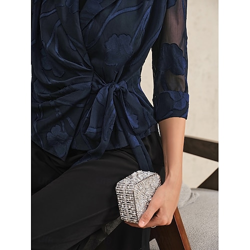  Dames Overhemd Blouse Bloemig Elegant Stijlvol 3/4 mouw V-hals Normale tops Werk Dagelijks strik voorkant Geklede tuniek Asymmetrisch Marineblauw Zomer Lente Herfst