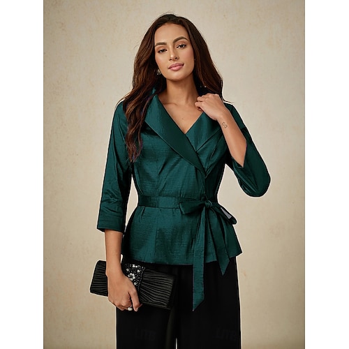  Dame Bluse Kveldstopper Elegant metallic Stilfull 3/4 ermer V-hals Vanlige topper Bryllupsgjest Aftenselskap Semi-formelt knyte foran Smaragd Grønn Vår, Høst, Vinter, Sommer