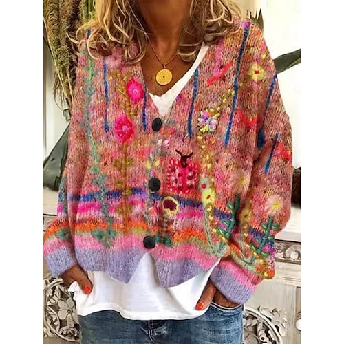  Pentru femei Pulover Bluza Modă Șic Stradă Casual Floral În V Nasturi Tricotat Manșon Lung Topuri obișnuite Tricotat În aer liber Zilnic Sfârșit de săptămână Roșu-aprins Albastru piscină Toamnă Iarnă