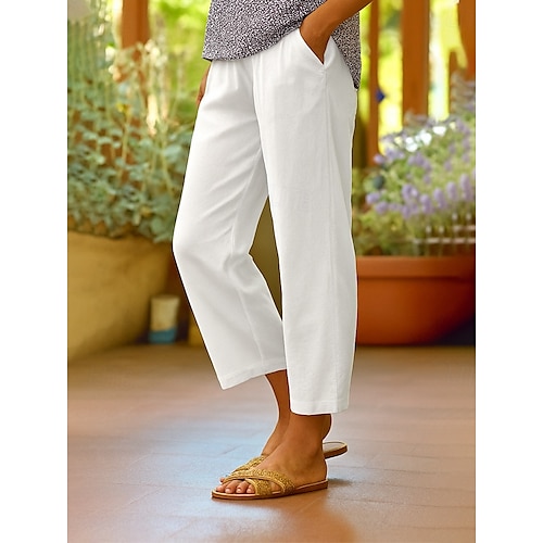  Women's Cotton Pants Vacation Vintage Ethnic Style Ankle-Length High Waist Plain Comfy Breathability Soft Micro-elastic Army Green Dark red Black White Summer Spring Loose Fit
