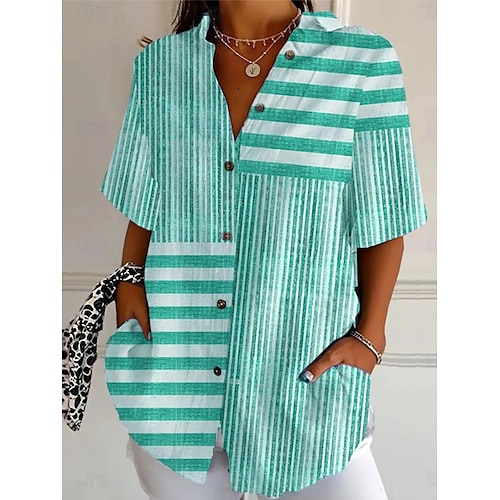  Femmes Chemise Graphique Géométrique Rayé ancien Élégant Moderne Manche Courte Col de chemise Hauts Réguliers Quotidien Vert Claire Rouge Bleu Violet Orange Été Printemps