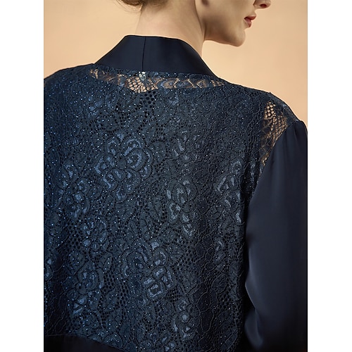  Dámská přehozová bunda s krajkou, elegantní, módní, formální, formální, svatební, večírek, večírek, otevřený střih, dlouhá, bez límce, volný střih, 3/4 rukávy, svrchní oblečení, tmavě modrá, léto,