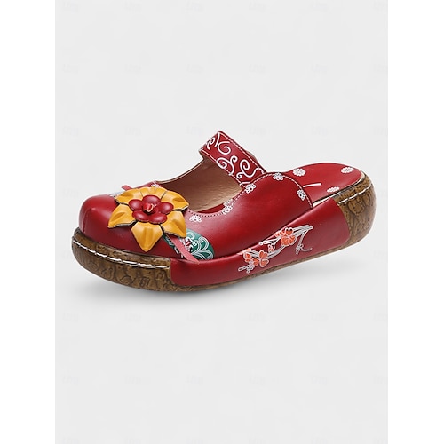  Damen-Slipper-Clogs aus lila geblümtem Leder mit 3D-Blumenapplikation – bequeme Vintage-Schuhe im Bohème-Stil für die Freizeit, Gartenarbeit und Reisen