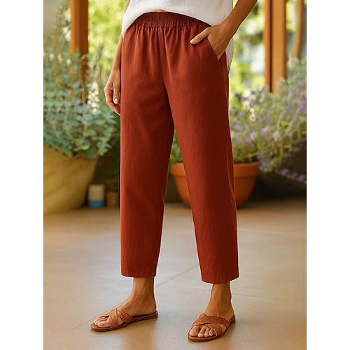  Women's Cotton Pants Vacation Vintage Ethnic Style Ankle-Length High Waist Plain Comfy Breathability Soft Micro-elastic Army Green Dark red Black White Summer Spring Loose Fit