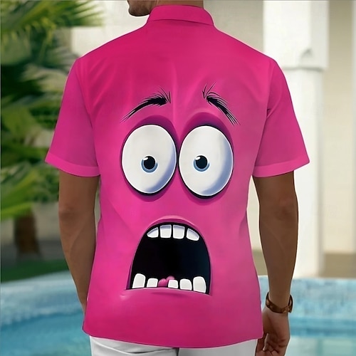  Miesten Piirretty Hauska Hymynaama Paita Button Up paita Lyhythihainen Muoti rento Loma Juhla Pyhäpäivä Kesä Sänkyjen avaus 3D-tulostus kauluspaidat Edessä yksi tasku Ruusun punainen