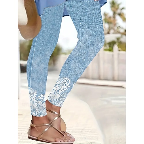  Women's Leggings Vacation Vintage Fashion Ankle-Length High Waist Floral Graphic Gradient Printing Breathable Soft Stretchy Vacation Casual Daily Light Blue Summer Spring Slim Fit