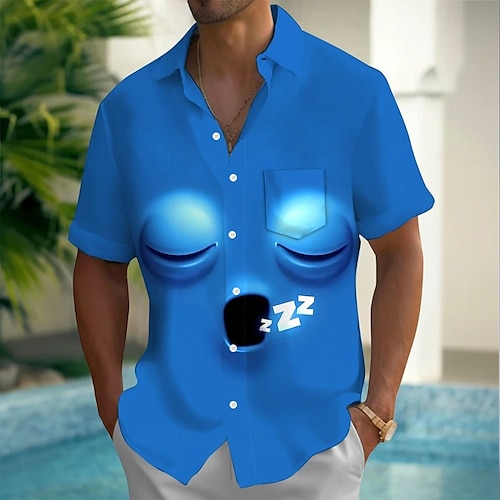  Miesten Piirretty Hauska Ihmisen kasvot Paita Kesä paita Button Up paita Lyhythihainen Muoti rento Loma Juhla Pyhäpäivä Kesä Kevät Sänkyjen avaus 3D-tulostus kauluspaidat Edessä yksi tasku Sininen