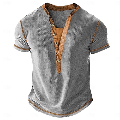  Men's Waffle Henley Shirt Tee Short Sleeve Solid Color Plain Fashion Designer Casual Color Block Buttons Henley Outdoor Casual Daily Summer Spring All Seasons Black Navy Blue Green Henley T-Shirt