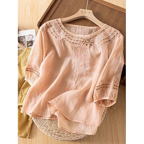 Mujer Camisa Camisas de algodón y lino Blusa Color sólido Básico Casual Manga 3/4 Cuello Barco Tops regulares Diario Encaje Retazos Negro Amarillo Rosa Verde Trébol Verano