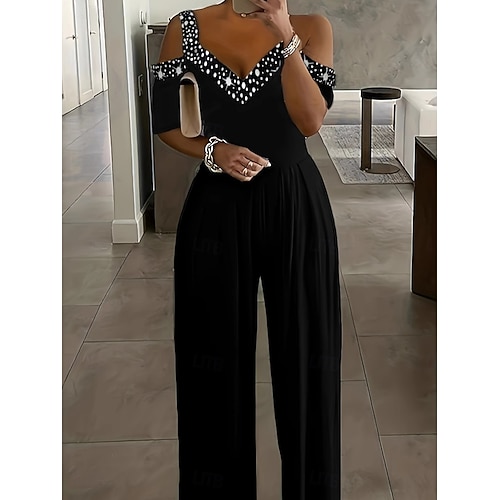 Femmes Normal Combinaison Élégant Géométrique Manche Courte Jambe large Col en V Patchwork Taille haute Soirée Travail Coupe régulière Noir Vin Bleu Été