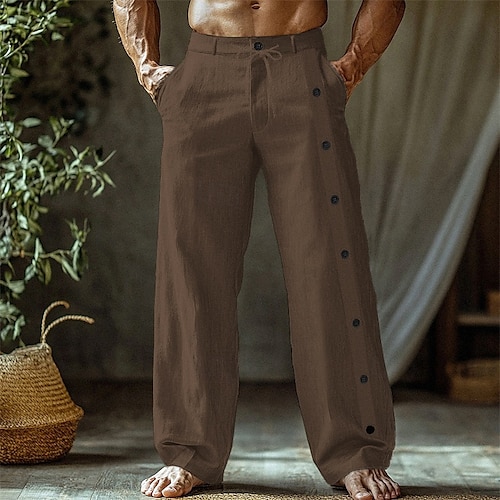  Men's Linen Pants Trousers Summer Pants Beach Pants Pocket Side Button Plain Comfort Breathable Vacation Daily Holiday Hawaiian Boho Black White