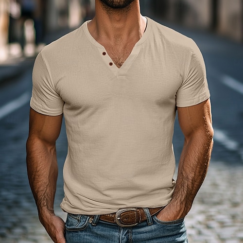  Homme Chemise Henley T-shirt Manches courtes Uni Mode Designer Basique Boutons Col en V Henley Vacances Rue Occasionnel Été Noir Blanche bleu marine T-shirt Henley