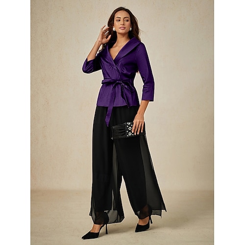  Dame Bluse Kveldstopper Helfarge عادي Elegant metallic Stilfull 3/4 ermer V-hals Vanlige topper Bryllupsgjest Aftenselskap Semi-formelt knyte foran Aubergine Vår, Høst, Vinter, Sommer