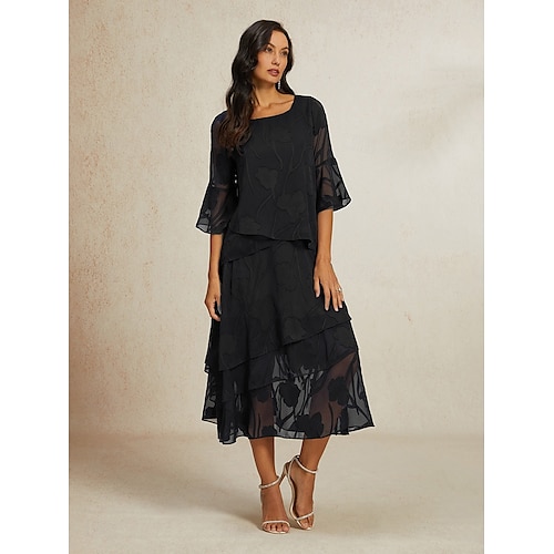  Dame الالتفاف Elegant Midi Medium Midje Skjørt Blomster Multi Layer Uelastisk Fest Avslappet Svart Sommer Chiffon