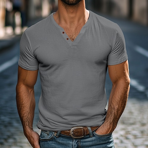  Homme Chemise Henley T-shirt Manches courtes Uni Mode Designer Basique Boutons Col en V Henley Vacances Rue Occasionnel Été Noir Blanche bleu marine T-shirt Henley
